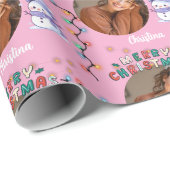 Roze Kerst een cirkel foto en naam sneeuwpop Cadeaupapier (Rol Hoek)