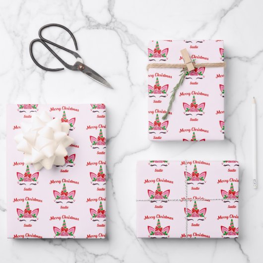 Roze Kerst Eenhoorn Custom Cadeau Gift Inpakpapier Vel (Voorkant)