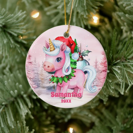 Roze Kerst Eenhoorn Kinder Foto Ornament (Boom)