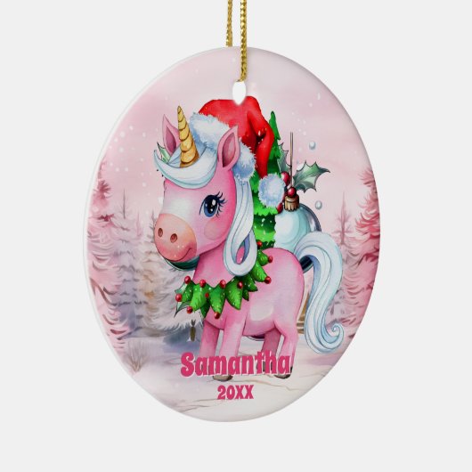 Roze Kerst Eenhoorn Kinder Foto Ornament (Rechts)