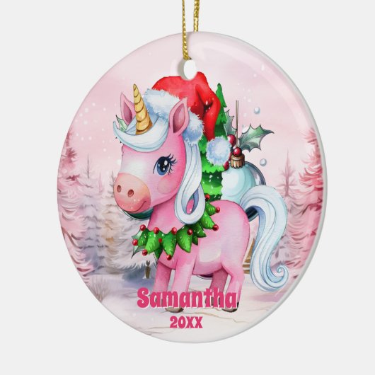 Roze Kerst Eenhoorn Kinder Foto Ornament (Links)