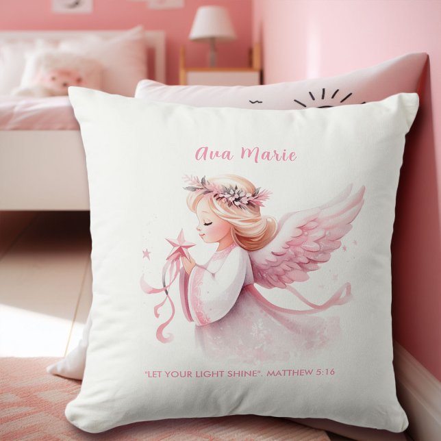 Roze Kerst Engel Bijbel Verse Naam Kwekerij Gift Kussen (pink christmas angel throw pillow personalized name bible verse baby shower gift granddaughter)
