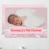 Roze Kerst Foto Sneeuwvlok Eerste Kerstmis Feestdagenkaart