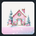 Roze Kerst Gepersonaliseerde Gingerbread House Vierkante Sticker<br><div class="desc">Verbeter uw vakantiepakketten met deze charmante roze kerstdorp peperkoek huis sticker. Het beschikt over een ijzig, besneeuwd roze peperkoekhuis versierd met lekkernijen, vergezeld van een kleine sneeuwpop en omringd door winterpijnbomen. De basis van de sticker is roze, gespikkeld met witte stippen om vallende sneeuw na te bootsen. Voeg een naam...</div>