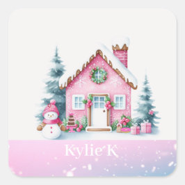 Roze Kerst Gepersonaliseerde Gingerbread House Vierkante Sticker
