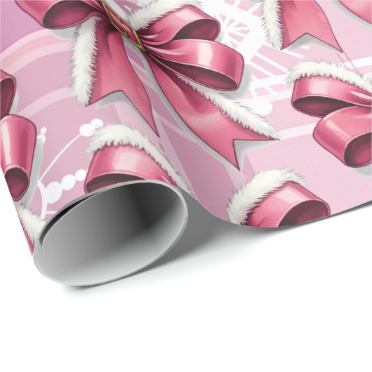 Roze Kerst Geplaagd Sneeuwvlokken Boog Patroon Cadeaupapier (Rol Hoek)