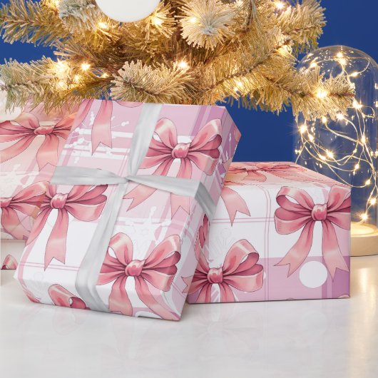 Roze Kerst Geplaagd Sneeuwvlokken Bow Coquette Cadeaupapier (Feestdagen)