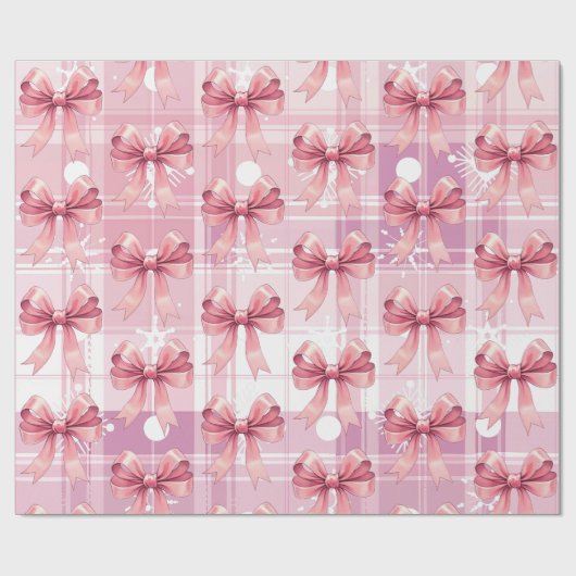 Roze Kerst Geplaagd Sneeuwvlokken Bow Coquette Cadeaupapier (Vlak)