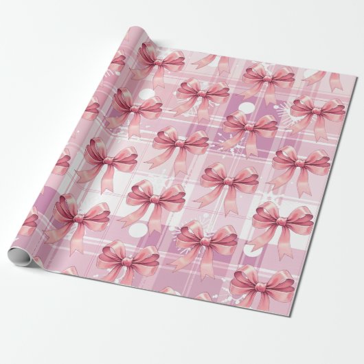 Roze Kerst Geplaagd Sneeuwvlokken Bow Coquette Cadeaupapier (Uitgerold)