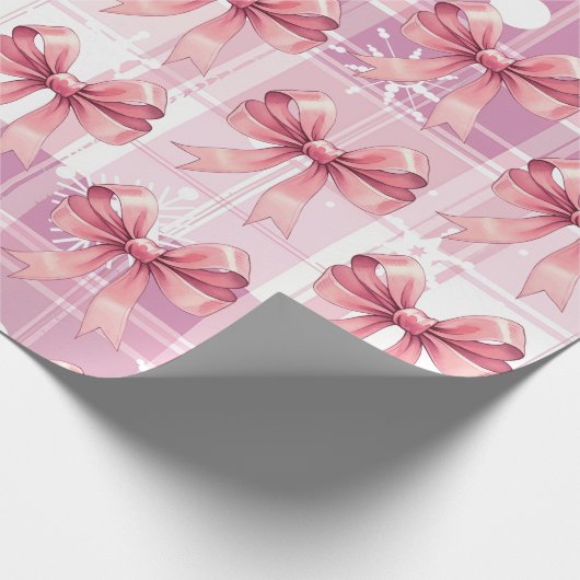 Roze Kerst Geplaagd Sneeuwvlokken Bow Coquette Cadeaupapier (Hoek)