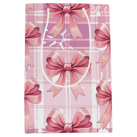 Roze Kerst Geplaagd Sneeuwvlokken Bow Coquette Medium Cadeauzakje (Voorkant)