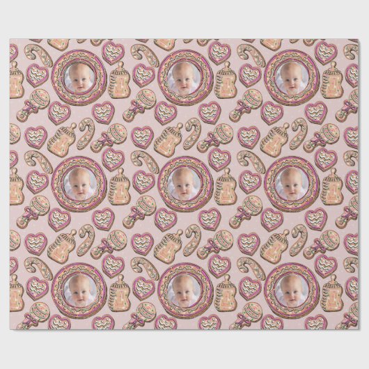 Roze Kerst Gingerbread Cookies Baby Foto Cadeaupapier (Vlak)
