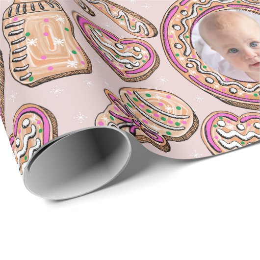 Roze Kerst Gingerbread Cookies Baby Foto Cadeaupapier (Rol Hoek)