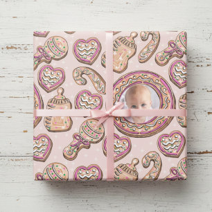Roze Kerst Gingerbread Cookies Baby Foto Cadeaupapier