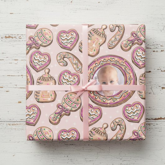 Roze Kerst Gingerbread Cookies Baby Foto Cadeaupapier