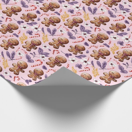Roze Kerst Gingerbread en Candy Canes Cadeaupapier (Hoek)