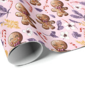 Roze Kerst Gingerbread en Candy Canes Cadeaupapier (Rol Hoek)