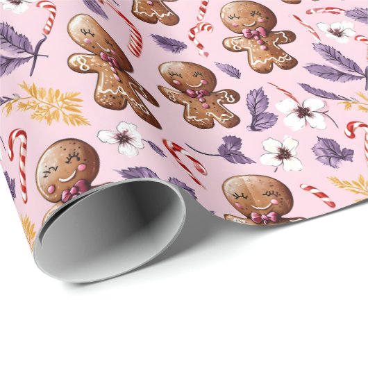 Roze Kerst Gingerbread en Candy Canes Cadeaupapier (Rol Hoek)