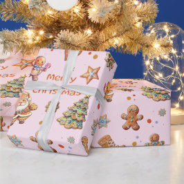 Roze Kerst Gingerbread Fun Schattige Cadeaupapier