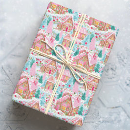 Roze Kerst Gingerbread Town Cadeaupapier