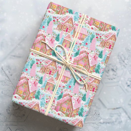 Roze Kerst Gingerbread Town Cadeaupapier