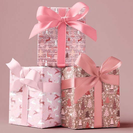 Roze Kerst Glitter Look Bomen Rendieren Inpakpapier Vel