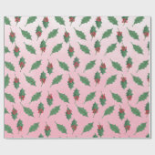 Roze Kerst Groen Holly Rode bessen Vakantie Cadeaupapier (Vlak)