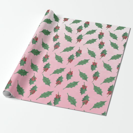 Roze Kerst Groen Holly Rode bessen Vakantie Cadeaupapier (Uitgerold)
