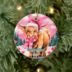 Roze Kerst Highland Koe Kinder Foto Ornament