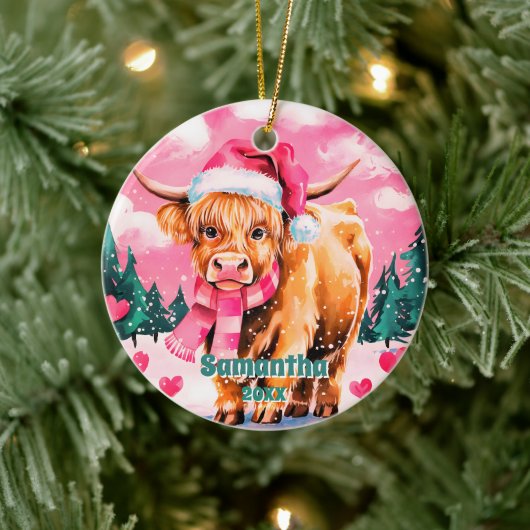 Roze Kerst Highland Koe Kinder Foto Ornament (Boom)