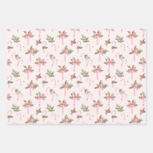 Roze Kerst Holly snoepjes en strikken Inpakpapier Vel (Voorkant 2)