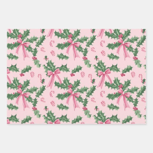 Roze Kerst Holly snoepjes en strikken Inpakpapier Vel (Voorkant)