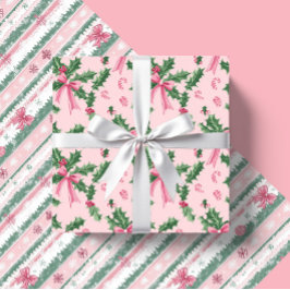Roze Kerst Holly snoepjes en strikken Inpakpapier Vel