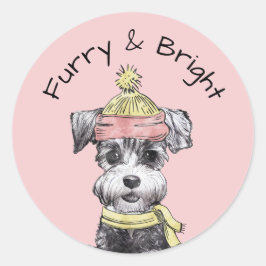 Roze Kerst Hond Furry & Bright Terrier Schattige Ronde Sticker