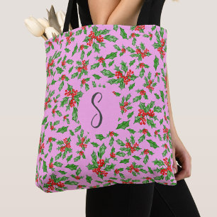 Roze kerst hulst bladeren aangepaste monogram tote bag