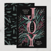 Roze Kerst Joy Hand getrokken gebladerte op zwart Feestdagenkaart (Voorkant / Achterkant)