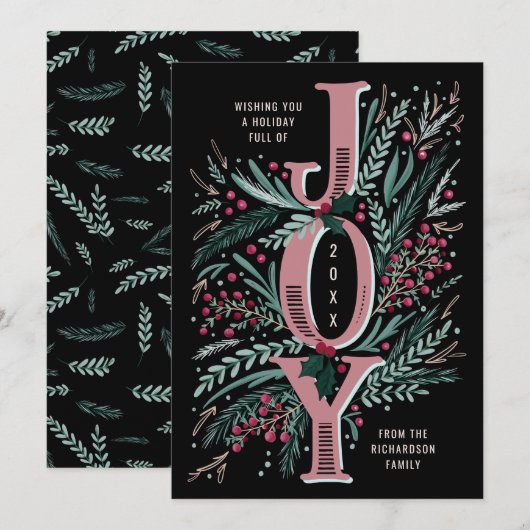 Roze Kerst Joy Hand getrokken gebladerte op zwart Feestdagenkaart (Voorkant / Achterkant)