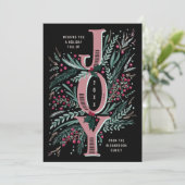 Roze Kerst Joy Hand getrokken gebladerte op zwart Feestdagenkaart (Staand voorkant)