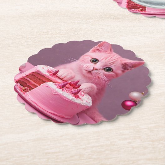 Roze Kerst Kat onderzetter (Gekanteld)