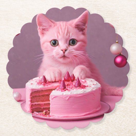 Roze Kerst Kat onderzetter (Voorkant)