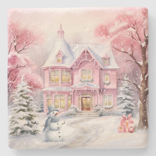 Roze Kerst Landhuis Stenen Onderzetters (Voorkant)