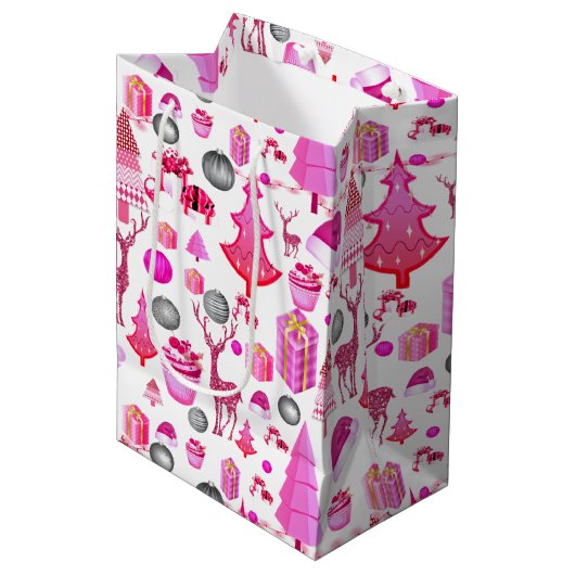 Roze kerst medium cadeauzakje (Voorkant Gekanteld)