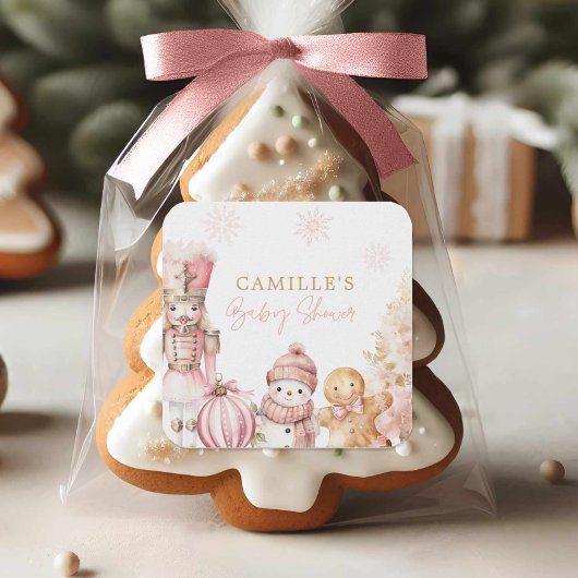 Roze Kerst Meisje Baby Shower Vierkante Sticker