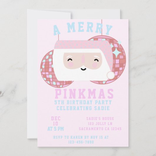 Roze Kerst Meisjes Disco Verjaardagsfeestje Kaart (Voorkant)