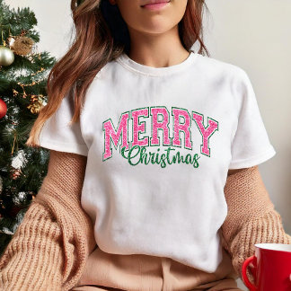 Roze Kerst met Glitter-achtige Retro Vetgedrukte t T-shirt