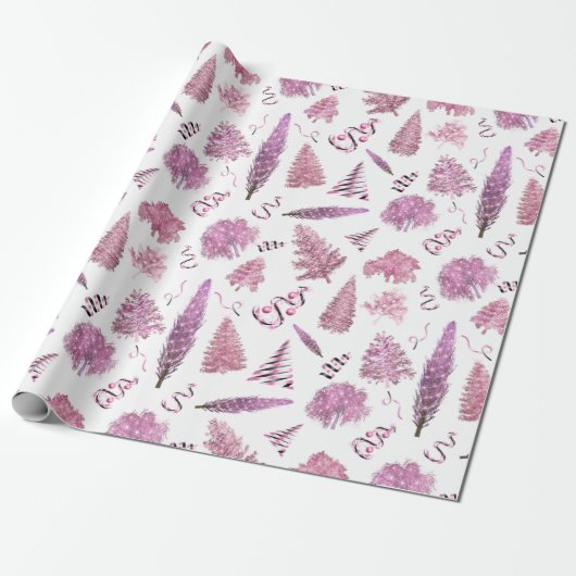 Roze kerst met kerstbomen cadeaupapier (Uitgerold)