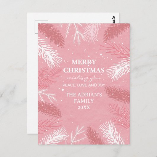 Roze kerst met pijnboombladeren briefkaart (Voorkant / Achterkant)
