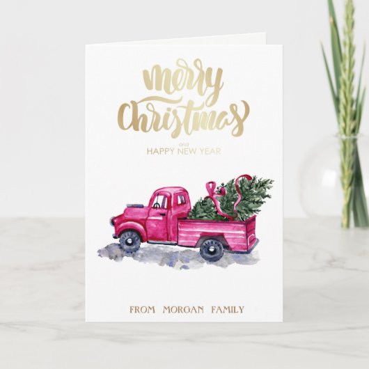Roze kerst met Truck Pine Feestdagen Kaart (Voorkant)