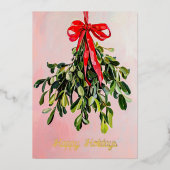 Roze Kerst Mistletoe Schilderij Custom Foto Folie Feestdagenkaart (Voorkant)