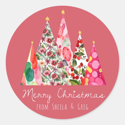 Roze Kerst Moderne Elegante Bomen Ronde Sticker (Voorkant)